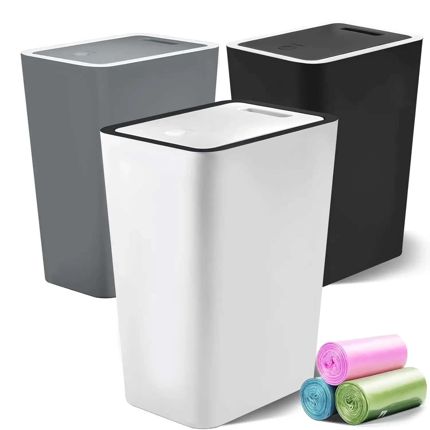 Small Trash Can 3 Pack 4 Gallons Bathroom Garbage Can with Lid Press-Top, Slim Waste Basket for Dorm, Office, Bedroom, Kitchen, Living Room