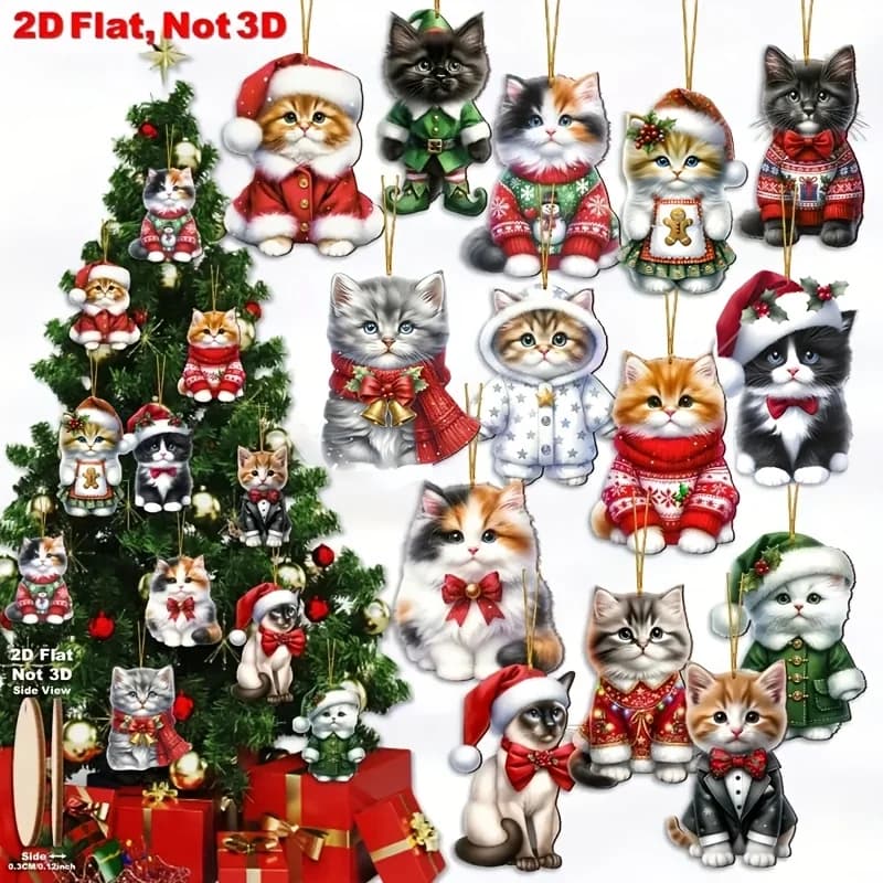 2D Flat Wooden Cute Cat Christmas Tree Hanging Ornaments Wooden Pendants for Home Fireplace Garden and Workplace Holiday Decor