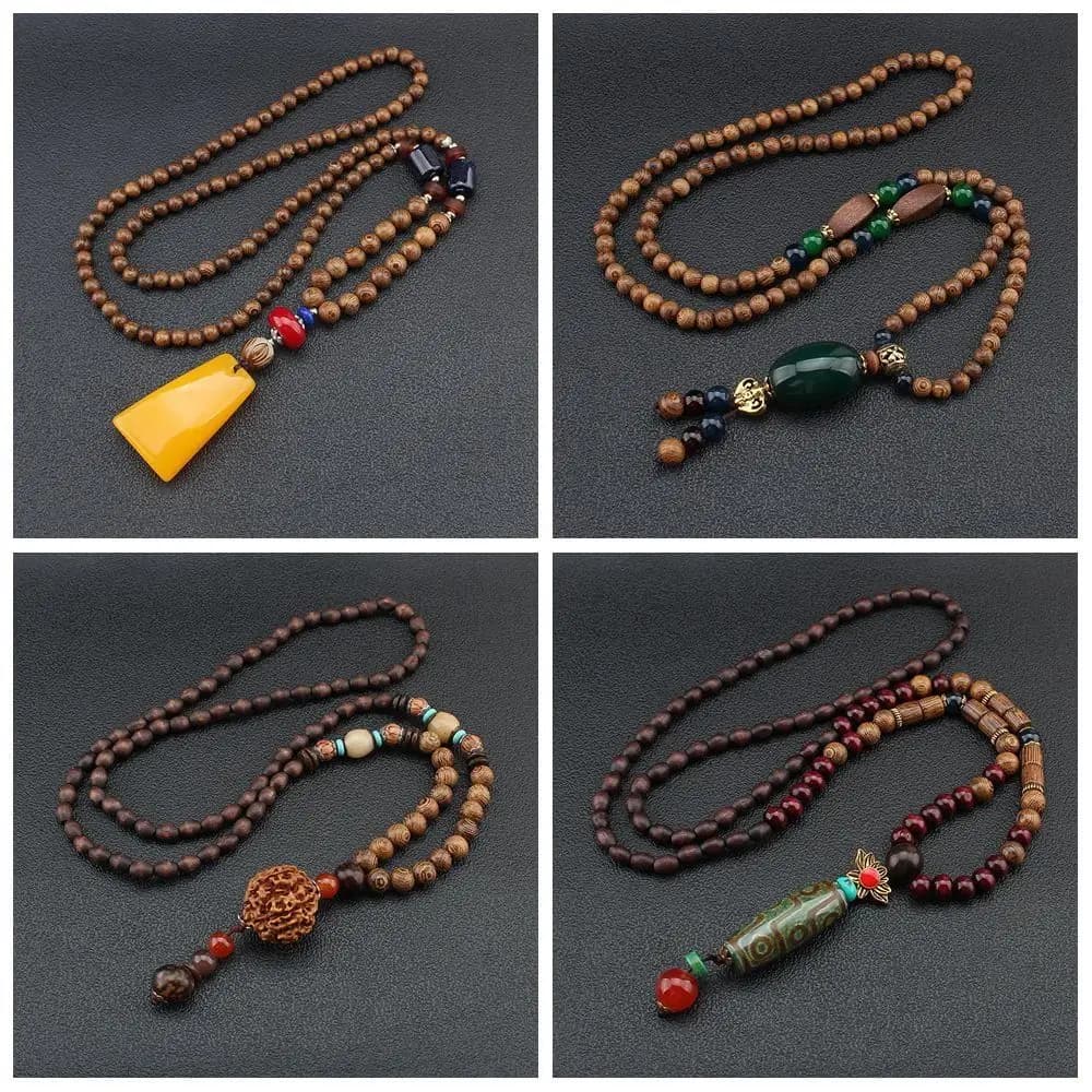 Boho Handmade Party Lucky Gift Buddhist Horn Fish Pendant Nepal Necklace Mala Wood Bead