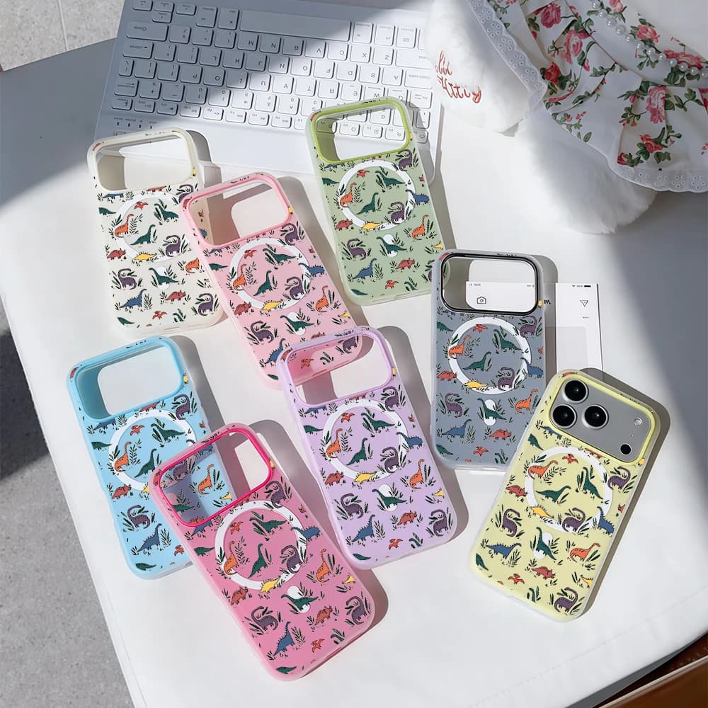 Dino Doodle Land Luxury Candy Color 2 IN 1 Custodia Magsafe per iPhone 16 15 14 13 17 Pro Max Plus Cover Morbida Trasparente Opaca