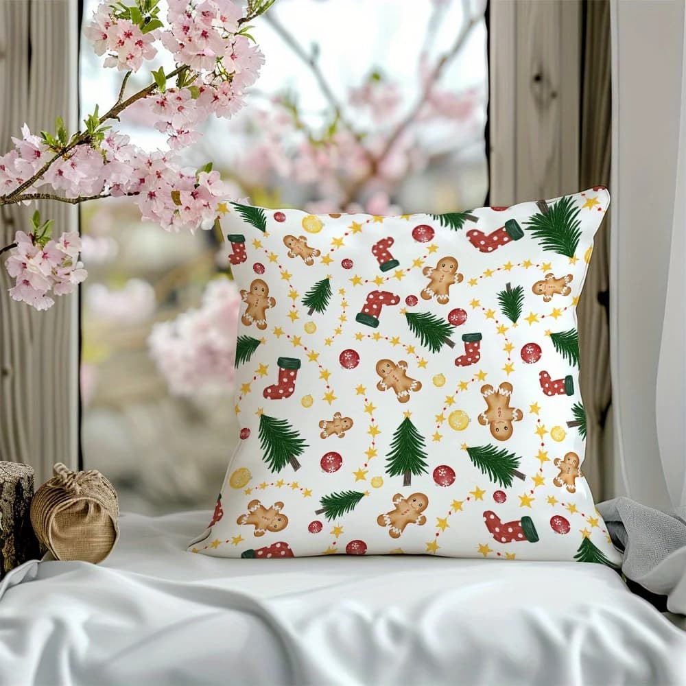 Happy Holidays Gingerbread Man Christmas Tree Double Sided Pillow Cover Concealed Zipper Sofa Bed Car Living Room