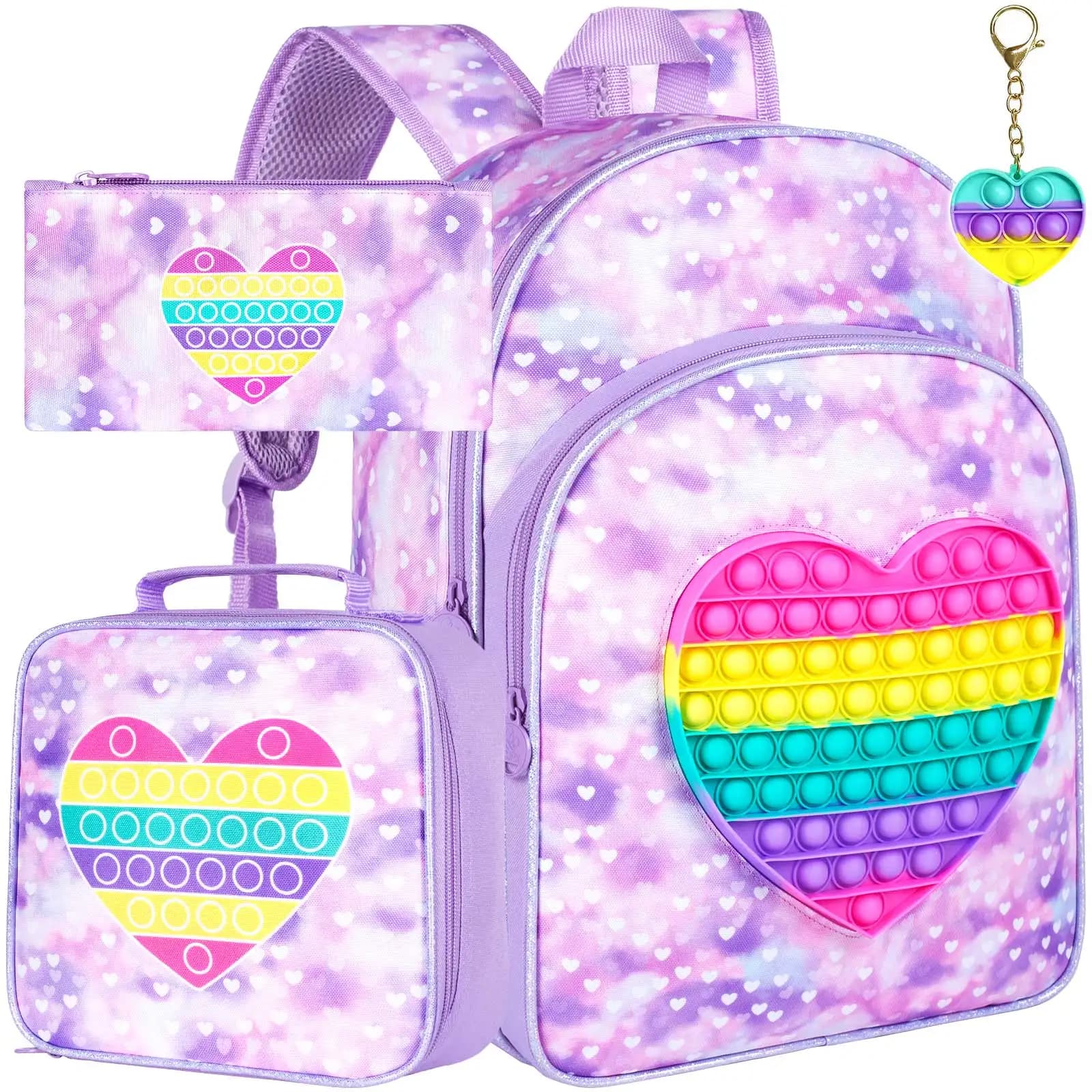 Set di 3 Zaini a Forma di Cuore per Ragazze, Zaino per Bambini da 16 Pollici con Porta Pranzo, Borsa Scolastica Resistente all'Acqua per Scuola Elementare e Asilo