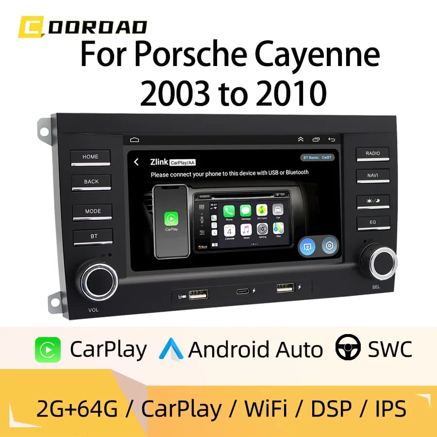 Autoradio Android 7 pollici con Type-C per Porsche Cayenne dal 2003 al 2010, CarPlay wireless, Android Auto, GPS, Bluetooth, controllo al volante
