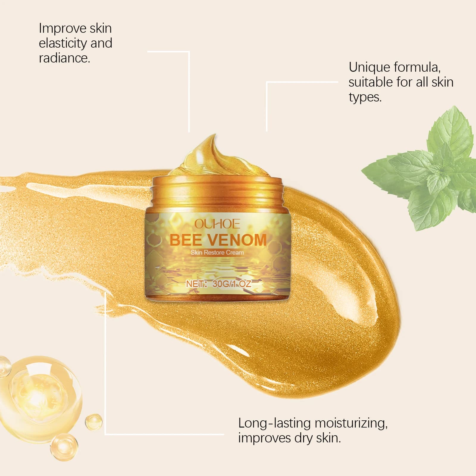 OUHOE Bee Venom Skin Restore Cream - Repairs damaged skin, soothes the unpacked, hydrate, all skin types, anti-aging, portable