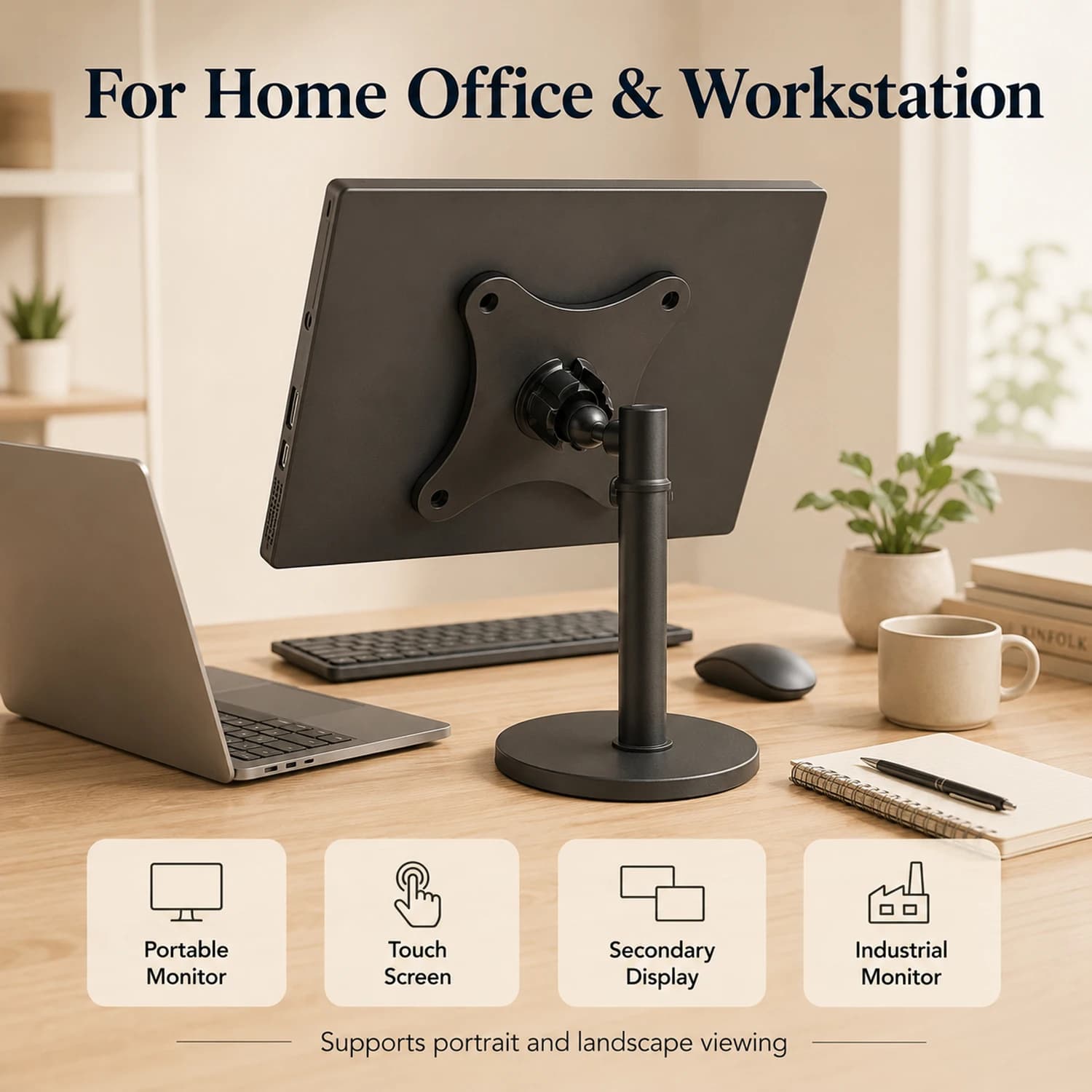 Portable Monitor Stand Adapter VESA 75x75mm Mount Plate to 17mm Ball Head Bracket for Touchscreen Industrial Monitor