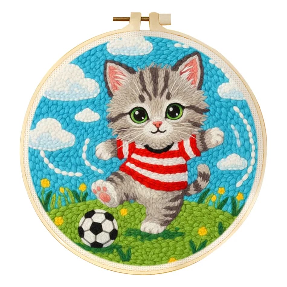 RUOPOTY Punch Needle Kit Handmade Easy Football And Grey Cat Crafts For Adults Animal Embroidery Punch Needle Kit Painting