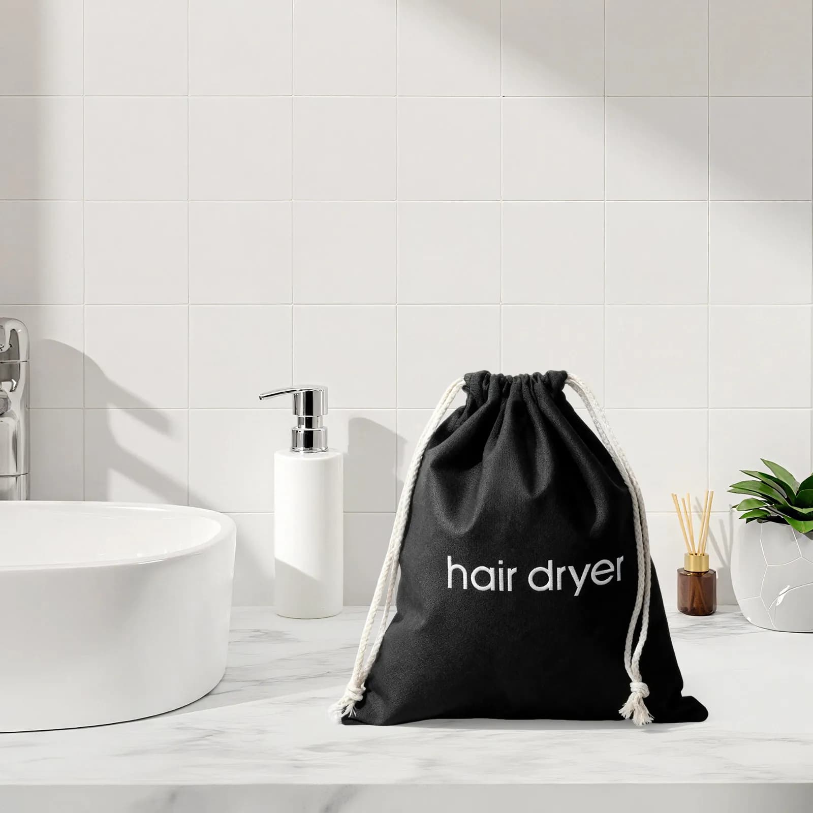 Bag for hair dryer in durable fabric, 1 piece, with design to hang on the wall, folding, travel, reusable, for all hair dryers