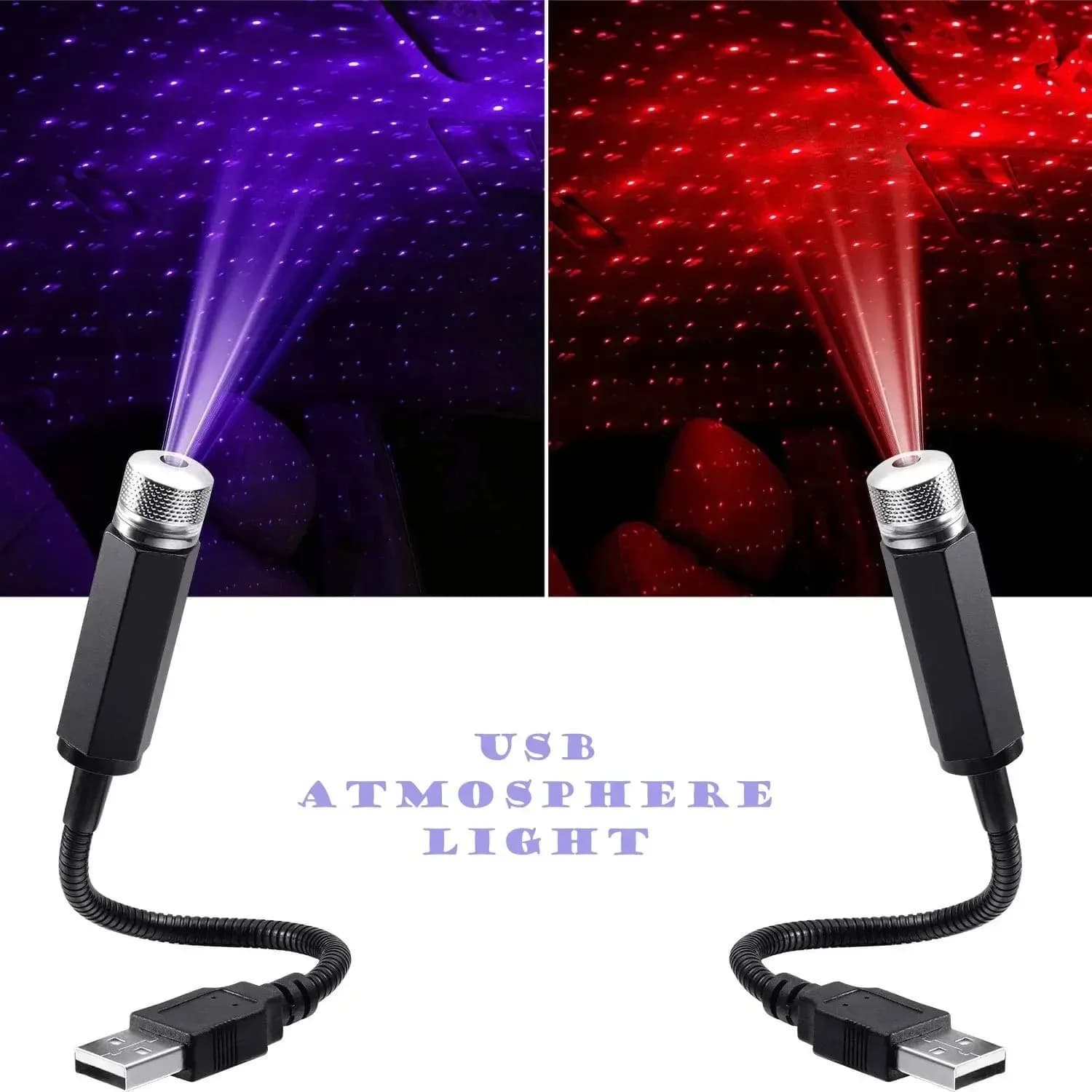 Proiettore USB per Auto con Luci Notturne, Lampada Atmosfera LED Rossa e Viola, Luce Decorativa Interna Regolabile con Collo Flessibile Plug & Play per Auto