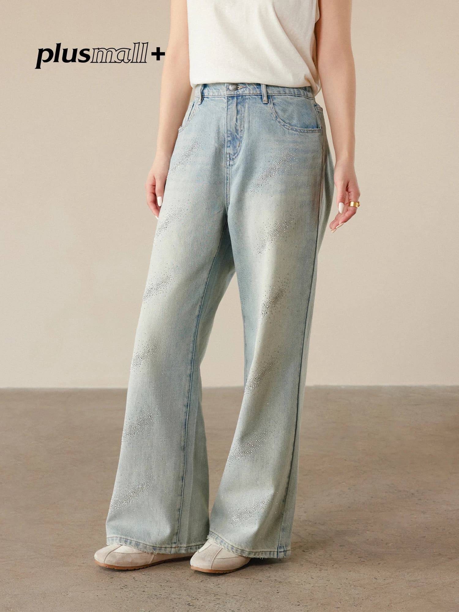 Jeans Plusmall a gamba dritta in denim micro elasticizzato lavaggio chiaro da donna, taglie forti, per forma a Pera, primavera estate, casual, alla moda