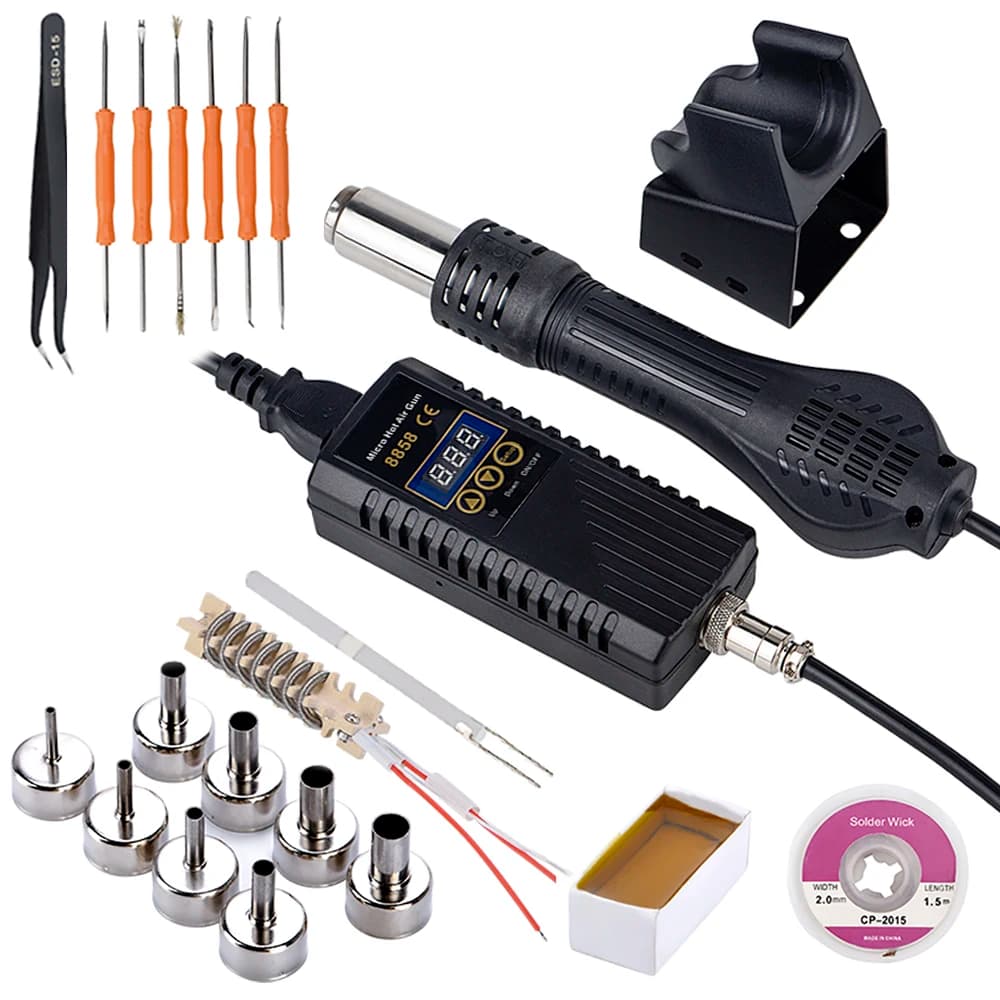 Pistola termica JCD 750W con display digitale, micro stazione di saldatura a microonde, pistola ad aria calda per saldatura, riparazione, strumento per asciugatura capelli 8858