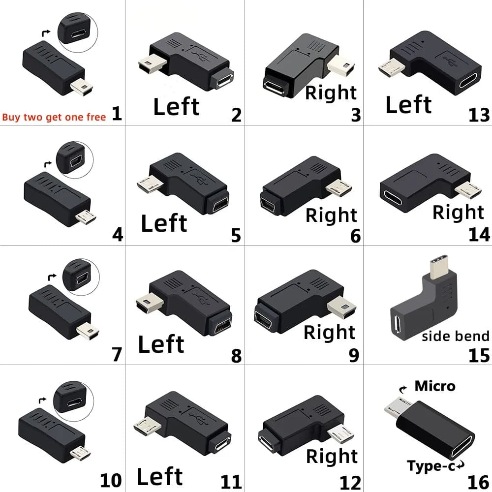 Adattatore di sincronizzazione dati Mini USB da 5 pin femmina a Micro USB maschio ad angolo sinistro e destro da 90 gradi Connettore da Micro USB a Mini USB