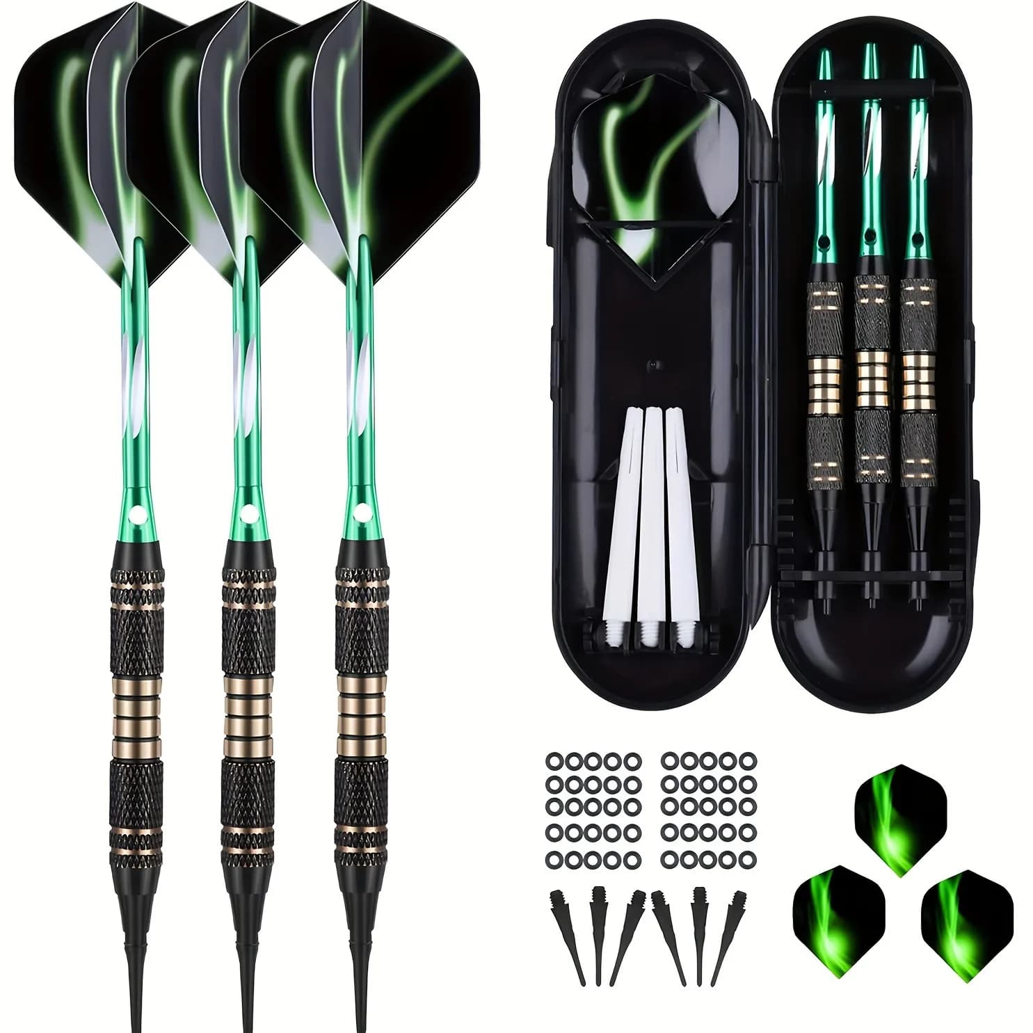 Soft Tip Darts Set 0.63 oz Green - Plastic Tip with Brass Barrel + Aluminum Shafts + 50 Rubber O-Ring + 6 Flights + 30 Soft Tips