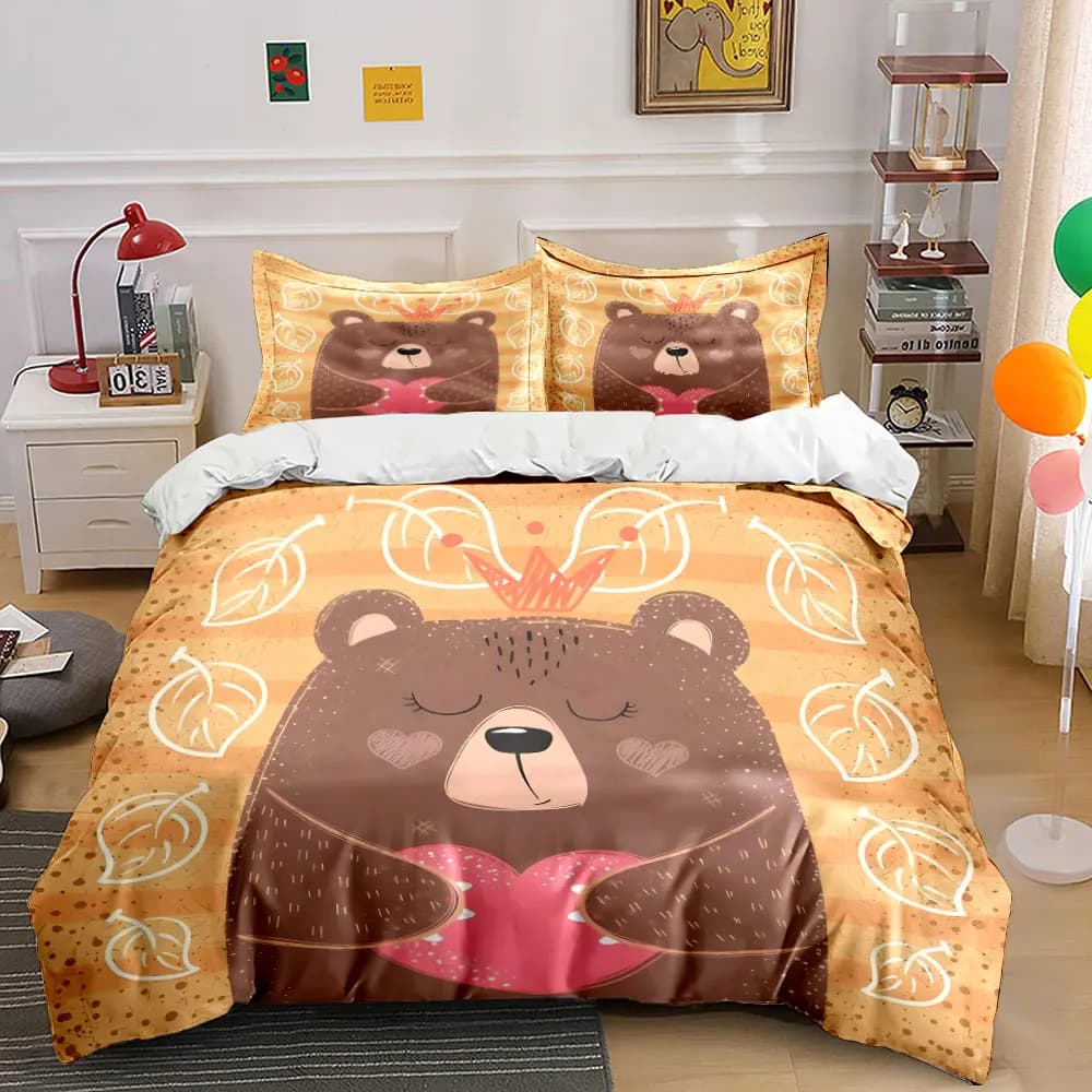 Set di biancheria da letto con stampa di orsetto gentile che abbraccia un cuore rosa, morbido e confortevole, include 1 copripiumino e 2 federe.