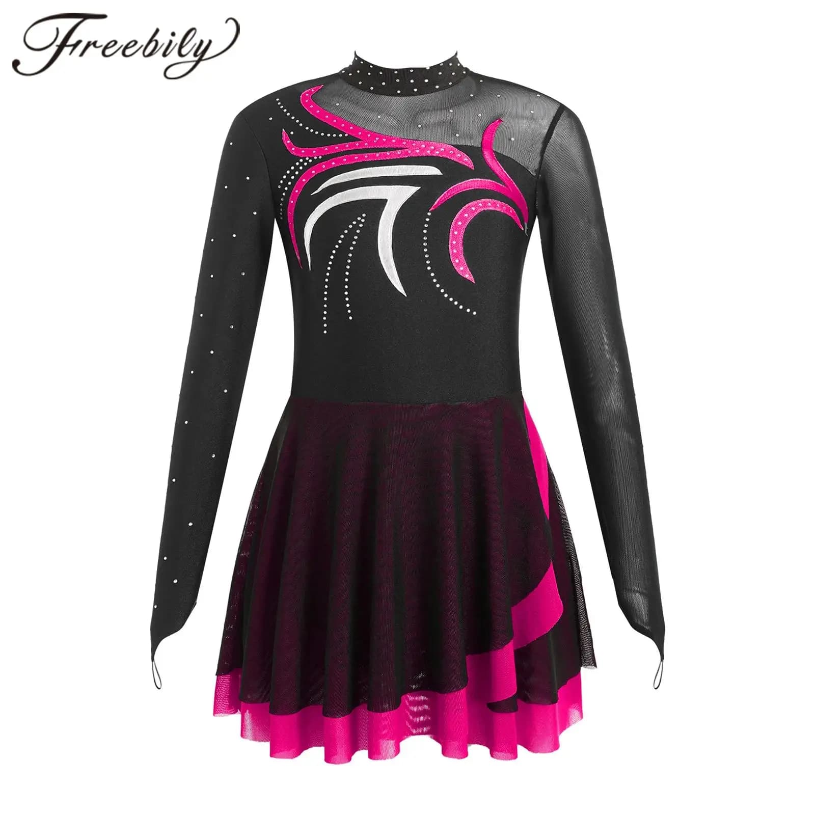 Costume da pattinaggio di figura per ragazze per bambini Costume per adolescenti Body da ginnastica per danza a rete trasparente Strass per bambini Abiti da pattinaggio su ghiaccio