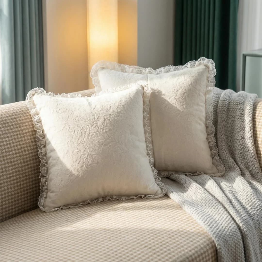Cuscino in pizzo bianco latte con decorazioni a rosa, con imbottitura, in stile pastorale nordamericano, per divano, soggiorno, poltrona a baia o sedia.