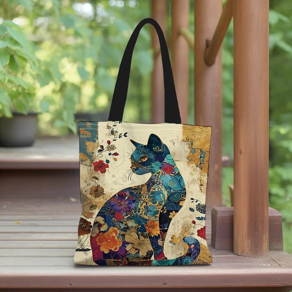 Tote bag with floral cat pattern, school shoulder bag in aesthetic canvas, light shopping bag