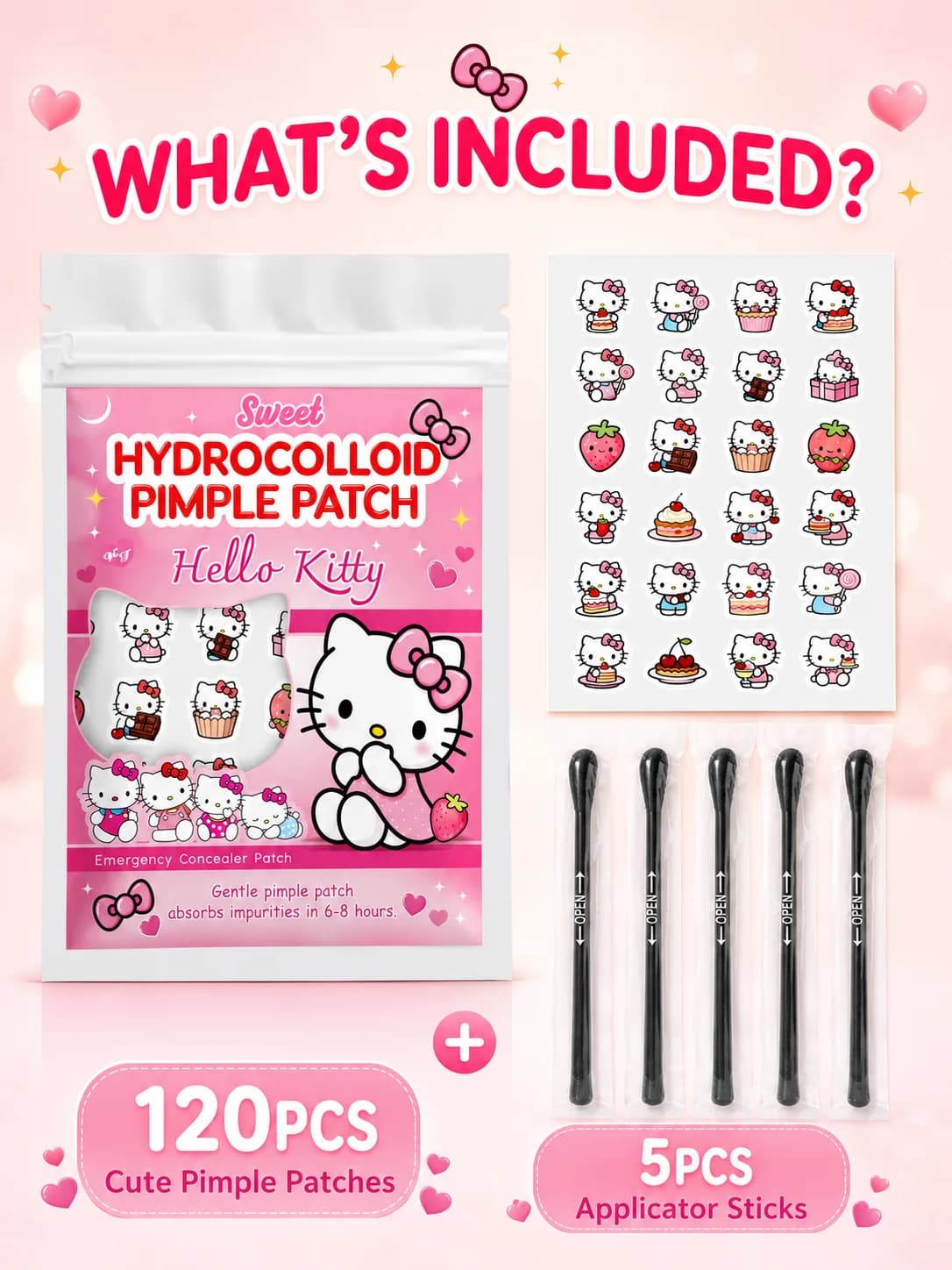 Sanrio Cartoon Acne Patches with Cotton Swabs, 120+5 Pieces, Deep Cleansing and Gentle Care for Pores