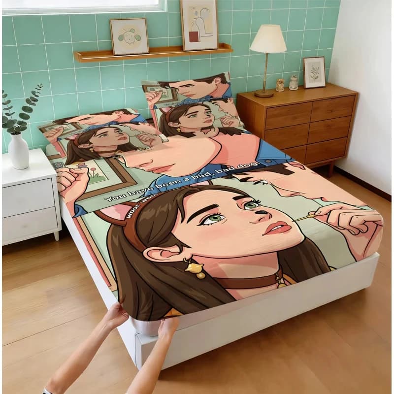 Set di Lenzuola Elasticizzate con Motivo di Coppia di Cani in Stile Anime, Copriletto Elasticizzato Delicato sulla Pelle, Misure Singolo, Queen, King per Casa