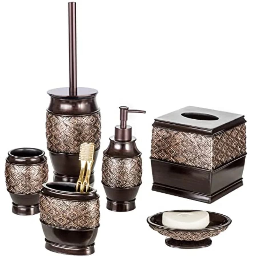 Set di Accessori per Bagno Dublin Brown, 6 Pezzi in Resina, Include Spazzola per WC con Supporto e Coperchio per Porta Carta Igienica