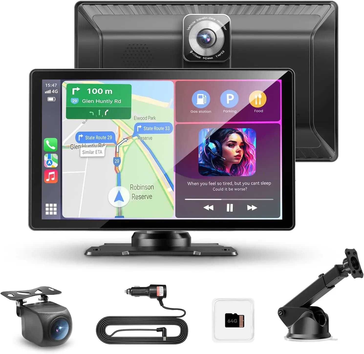 9' Portable CarPlay Screen with Dash Cam 4K and 1080P backup camera, supports CarPlay, Android Auto, MirrorLink, GPS, voice control