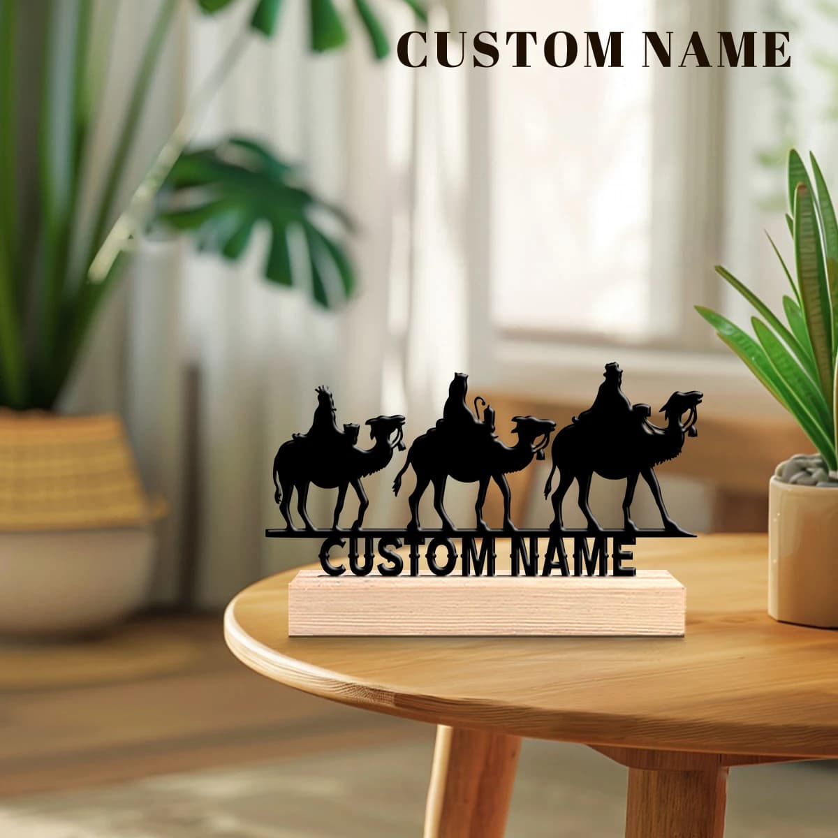 1pc Customizable Metal Desktop Ornaments Customizable Content With Wooden Base Art Decoration, Desktop Decoration