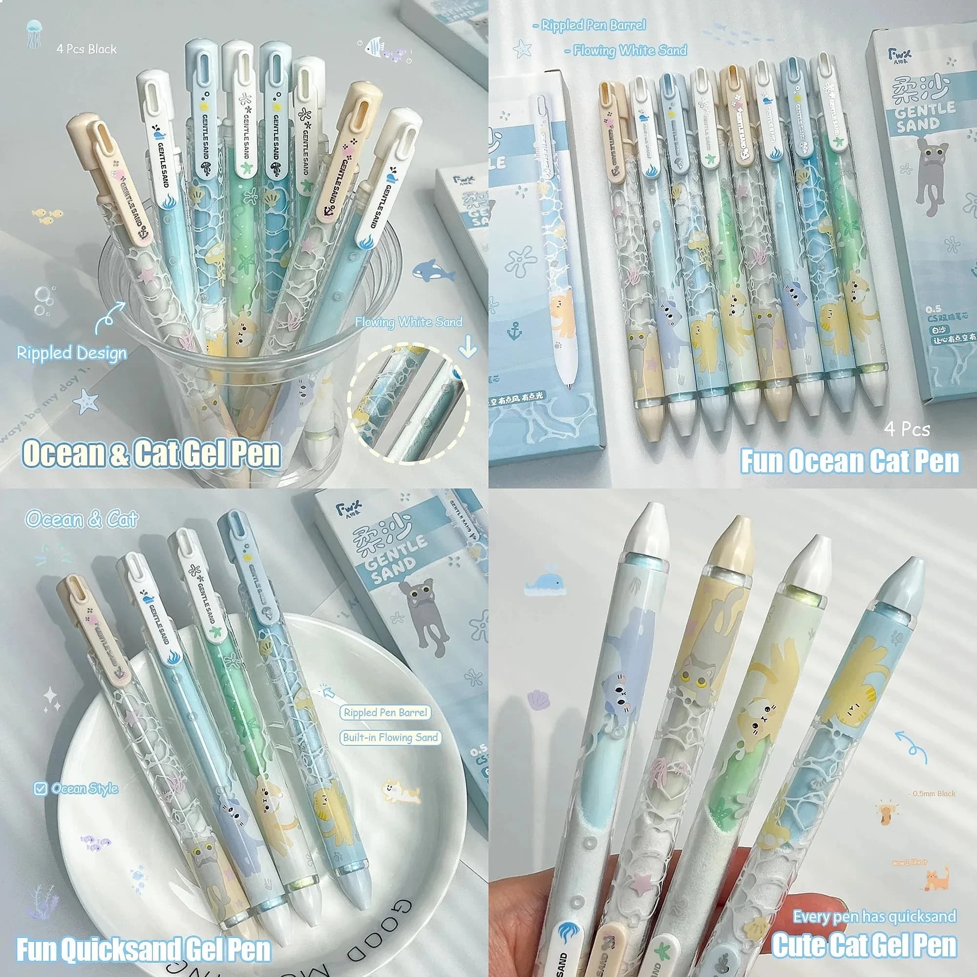 4Pcs Cute Ocean Cat Quicksand Floating Glitter Gel Pens 0.5mm Quick-Dry Black Ink Smooth Writing Pens for School Office