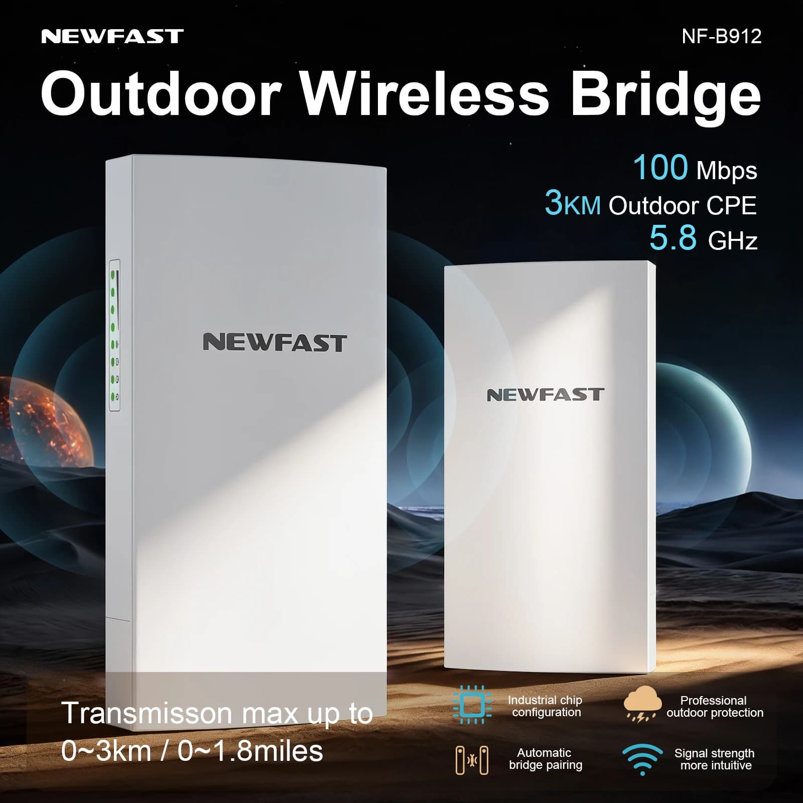 Newfast 2PCS 5.8GHz Wifi Bridge Esterno CPE 3KM A Lungo Raggio Wireless Ripetitore Extender Punto di Accesso AP WiFi Bridge Client Router