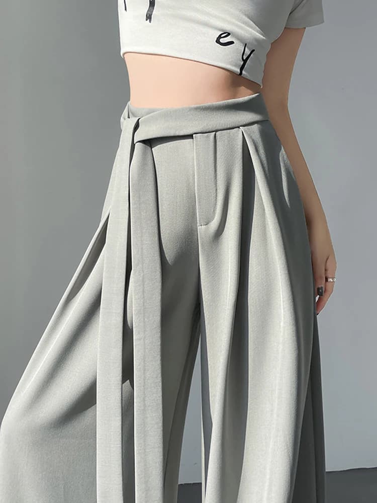 Pantaloni Eleganti a Vita Alta e Gamba Larga da Donna, Design Primaverile e Autunnale con Cintura Annodata, Drappeggiati, Dritti, Comodi, Lunghi fino al Pavimento