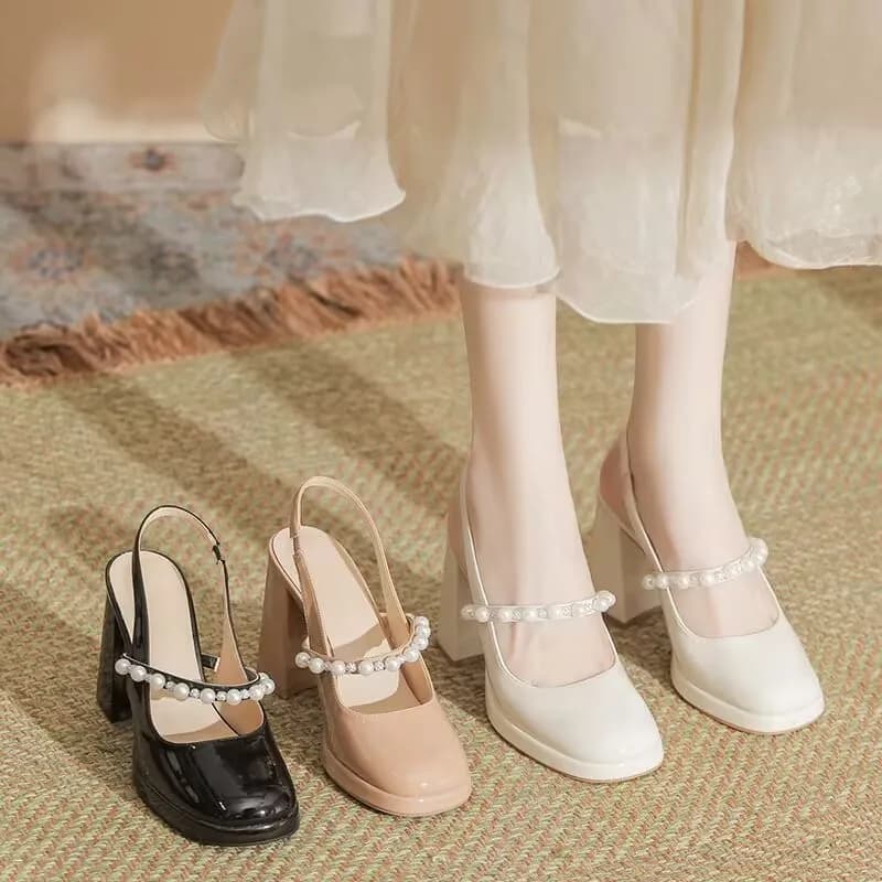 Nude Mary Jane High Heels for Women, Chunky Heel Single Shoes, Comfortable, Platform, Strap, Closed-Toe Sandals