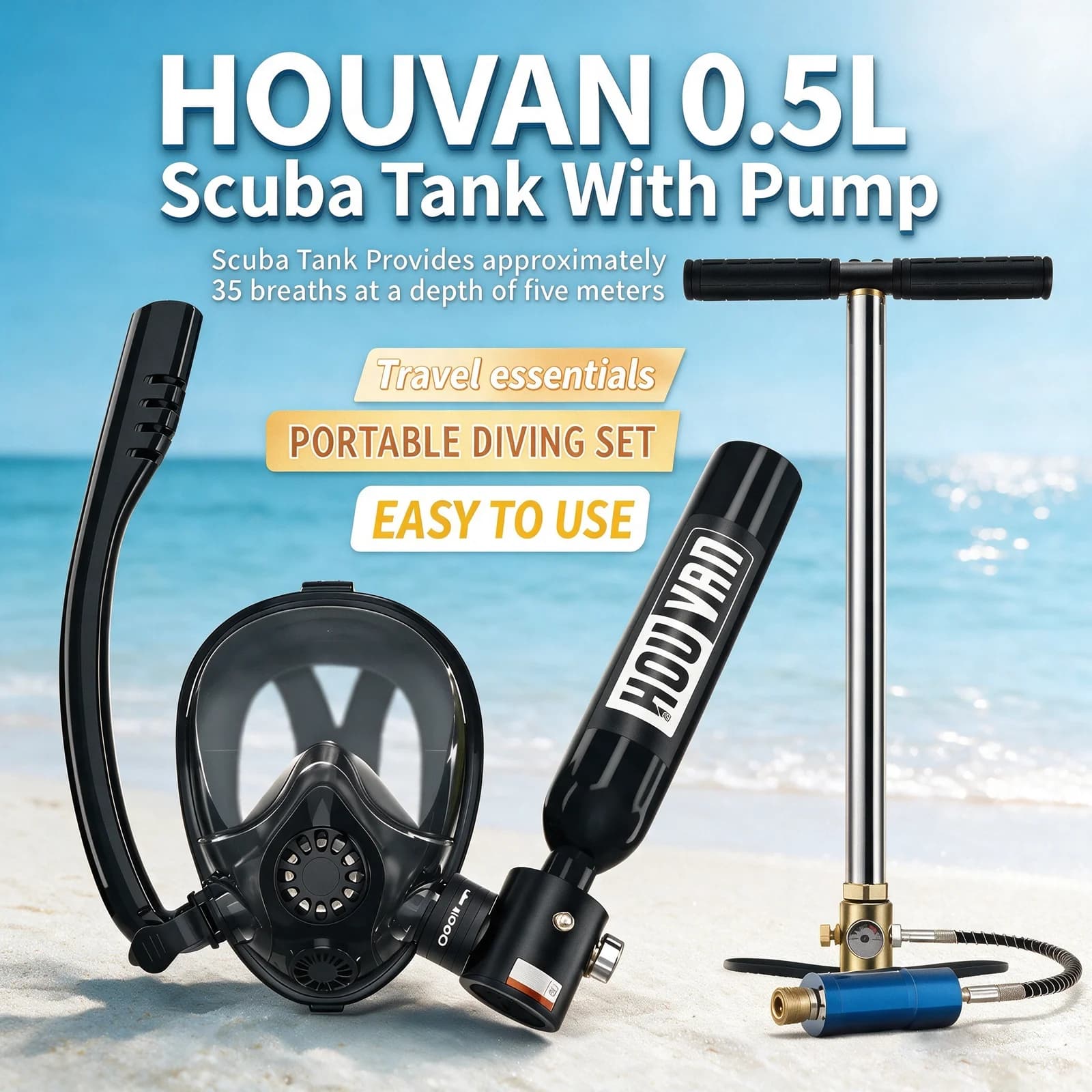 HOUVAN 0.5L Mini Diving Tank with Pump and Snorkel Mask Portable Diving Tank Essential For 6-10 minutes underwater, summer leisure gear,for Dive Boat Repair, Snorkelingfor Outdoor Travel Unisex Gift