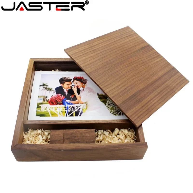JASTER Foto Album unico Legno di noce USB + scatola Pendrive Regalo di nozze creativo Chiavetta USB 8 GB 16 GB 32 GB 64 GB (170 * 170 * 35 mm)