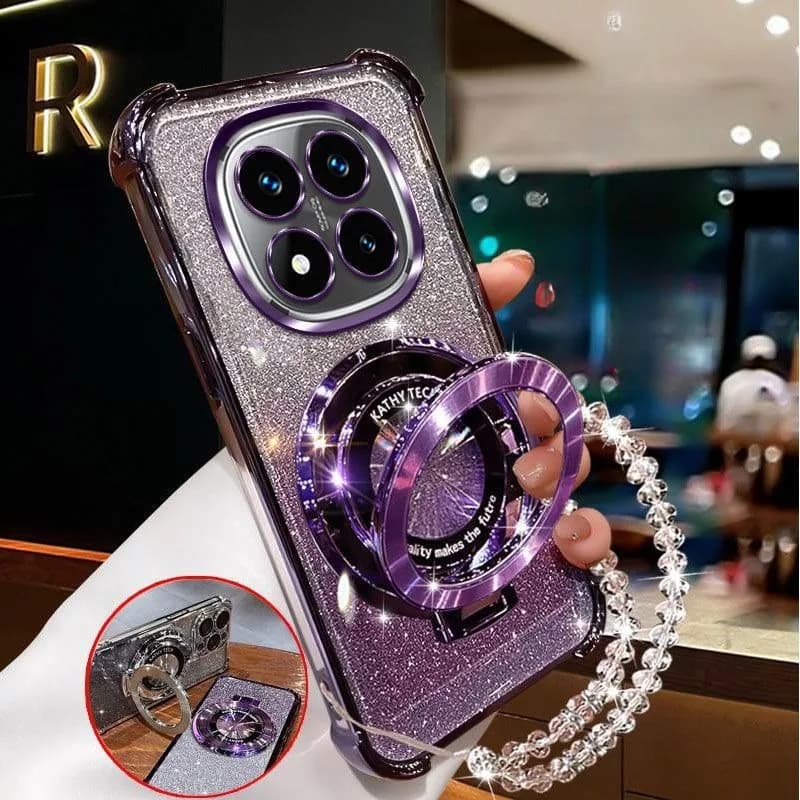 Custodia per telefono con supporto magnetico con braccialetto di cristallo per Xiaomi Redmi Note 14 15 Pro Plus 15C 14C 14S 4G 5G Cover antiurto con glitter morbido