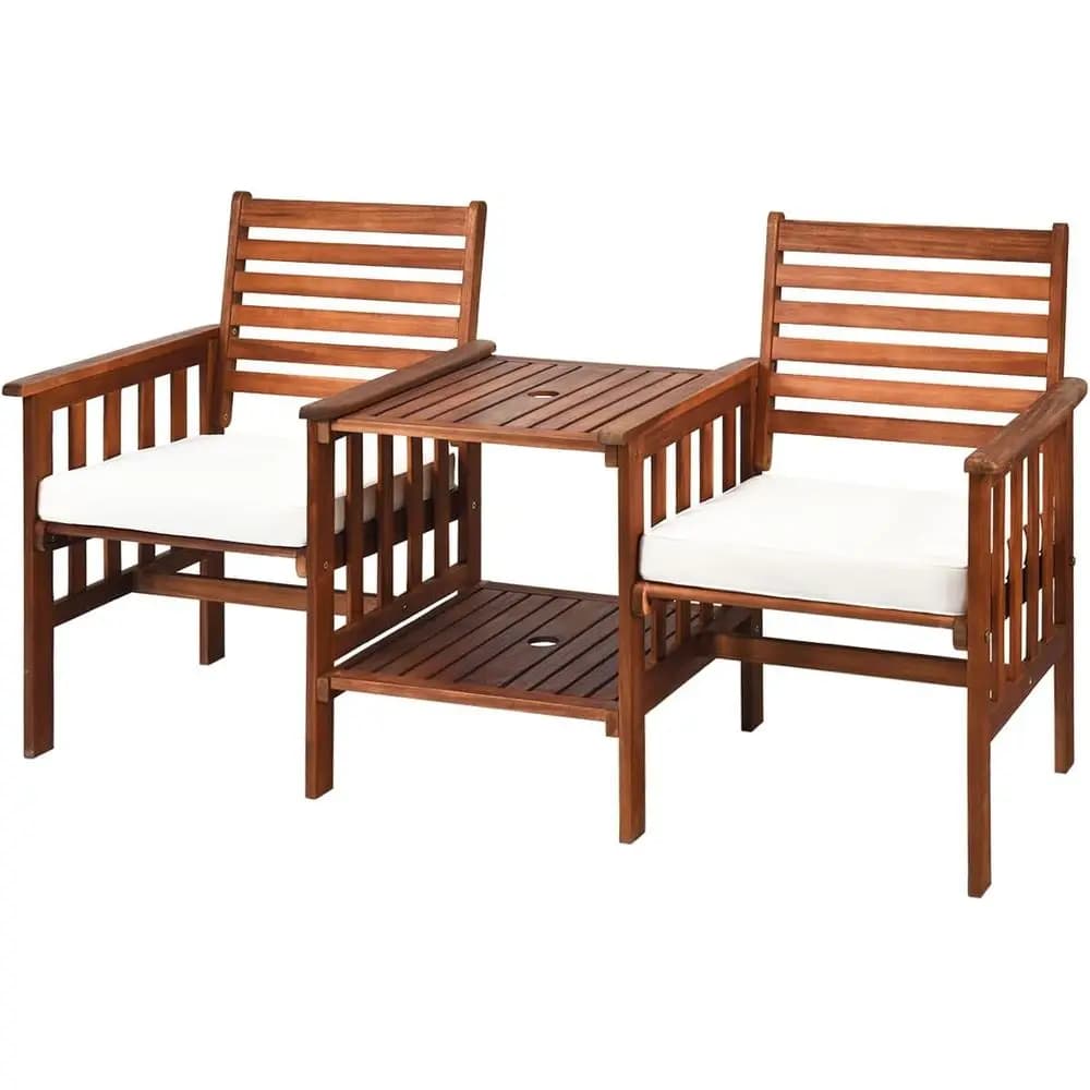 Divanetto in legno di acacia, set da 3 pezzi con tavolo e sedie da esterno, set da patio con tavolino e cuscini, foro per ombrellone da 2,1 pollici, 2-
