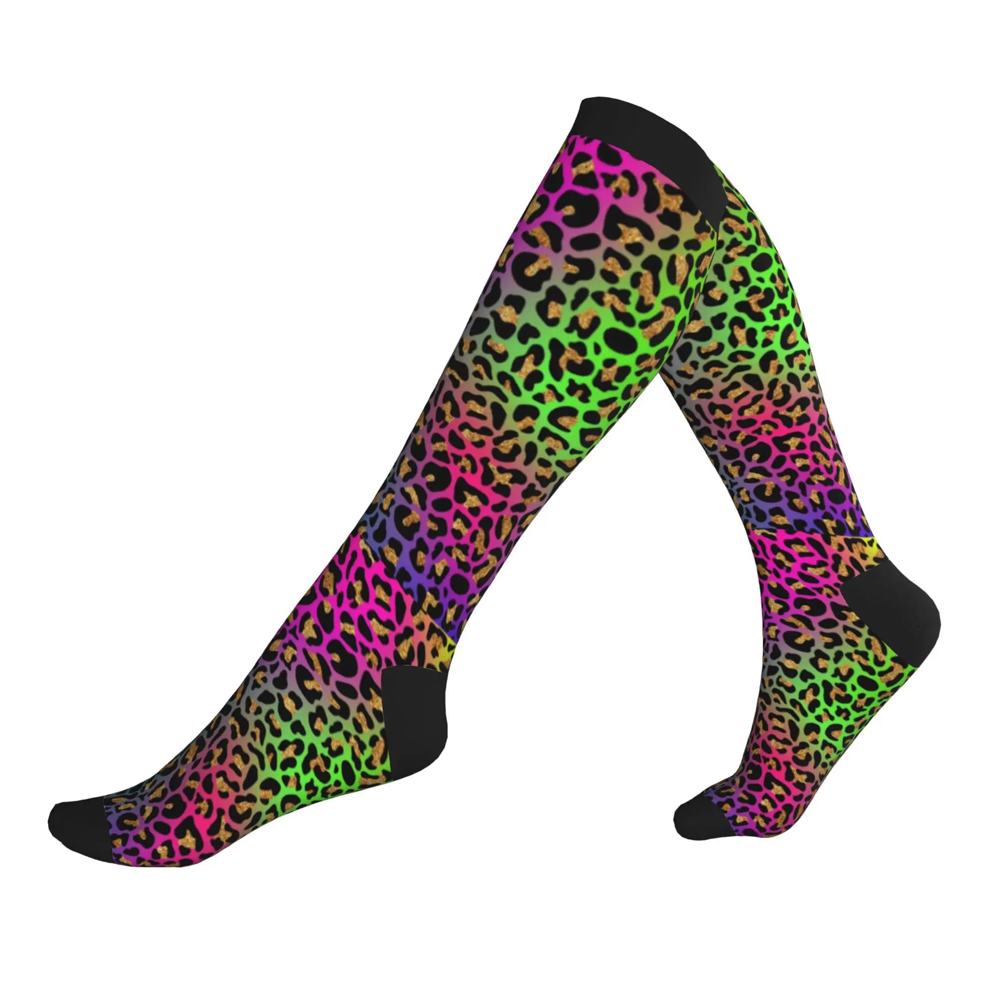 Calzini sportivi a compressione da uomo con stampa leopardata arcobaleno neon, calzini unisex carini per primavera, estate, autunno e inverno