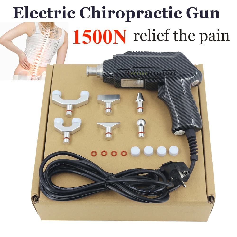 Electric Gun for Chiropractic Correction 1500N, Adjustable Instrument with 6 Replaceable Heads, Massage for Relieving Pain at Vertebral Column, New