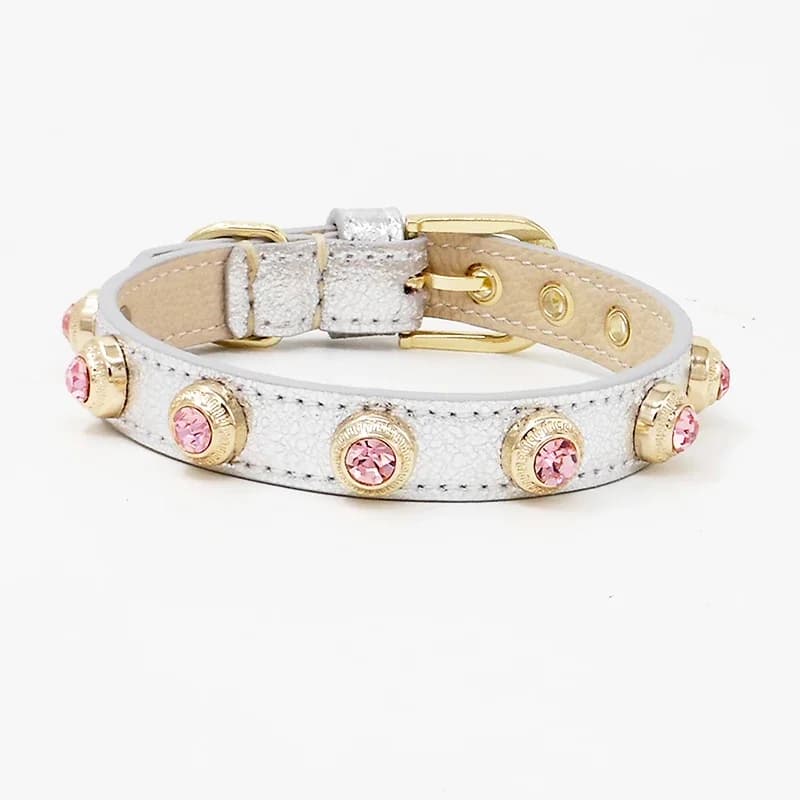 Collare per Gatti PinkDog, Accessori per Animali Domestici, Collana in Vera Pelle con Strass Cechi Luccicanti, Collare Personalizzato con Diamanti