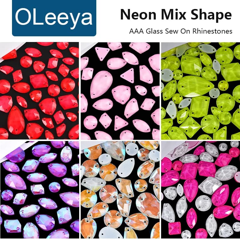 OLeeya All Neon Colors Mix Shape Glass Sew On Rhinestones AAA Quality Sewing Clothes Diamond Stones For Needlework Crystals