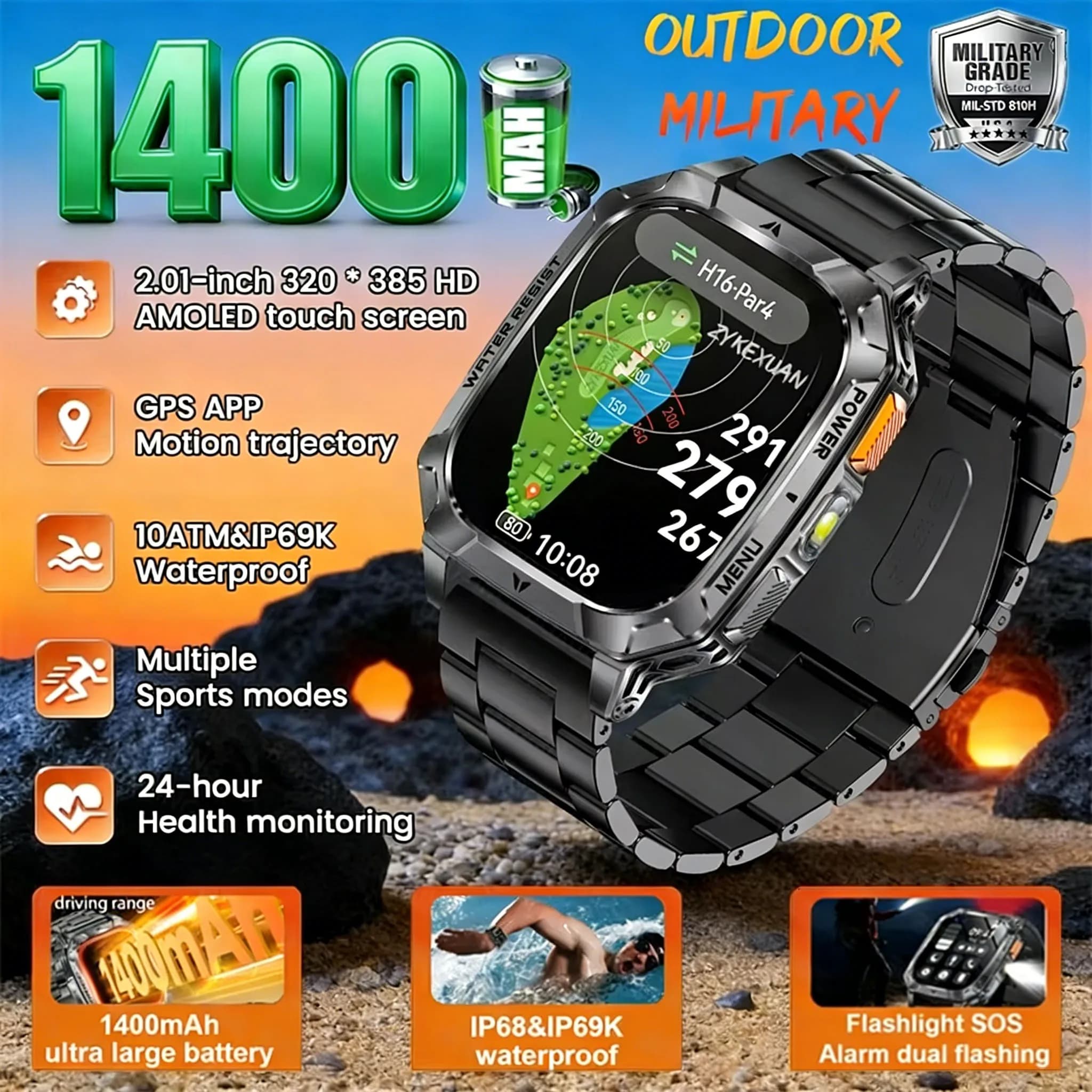 Smartwatch Militare da Esterno con Batteria Ultra Resistente da 1400mAh, Torcia, Chiamate Bluetooth, Bussola, Impermeabile IP68, Orologio Sportivo Intelligente