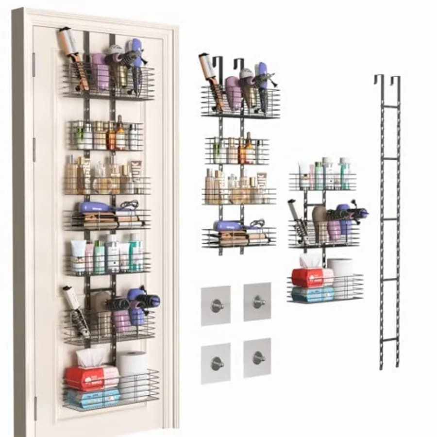 Organizer to hang over the door, shower holder and tool holder for hair/hair dryer adjustable to hang or mount to wall, to store behind the door
