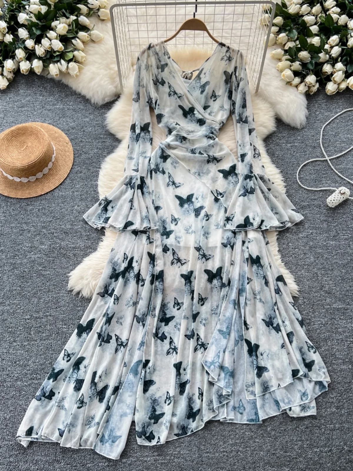 Abito da donna autunnale alla moda con scollo a V, maniche lunghe, vita alta, linea ad A, per le vacanze, stampato, effetto snellente, con pantaloni a zampa