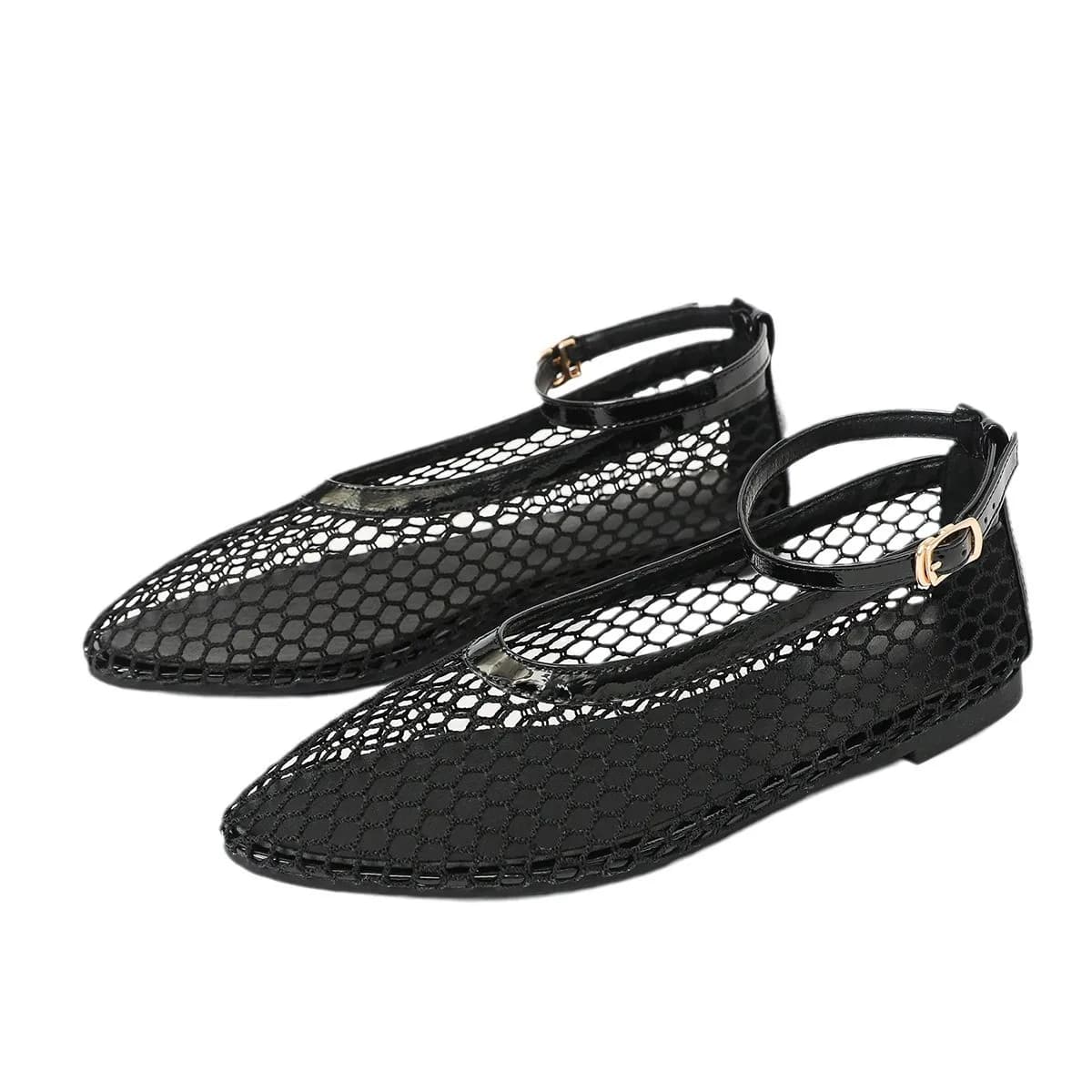 Scarpe da Donna alla Moda con Design Traforato e Rete Traspirante, Ballerine Sexy con Cinturino a T e Fibbia, Suola Morbida Antiscivolo, Comode per Donne
