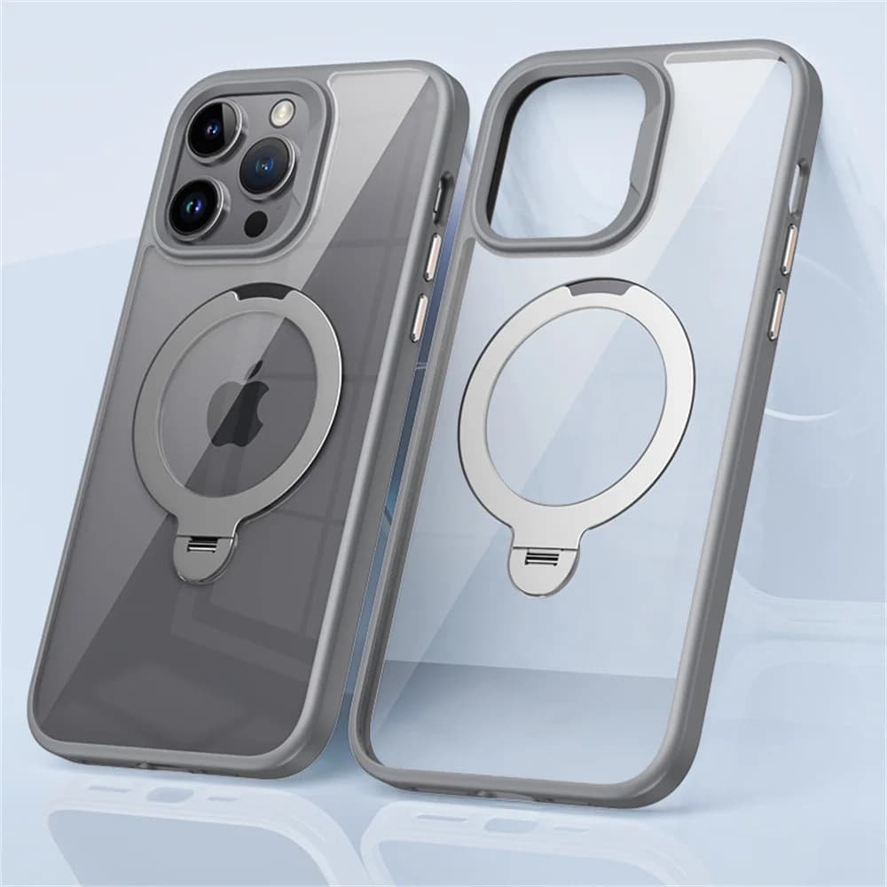 Custodia per telefono magnetica trasparente con supporto pieghevole rotante per iPhone 12 13 14 15 16 17 Pro Max Supporto girevole Paraurti in TPU Copertura in acrilico