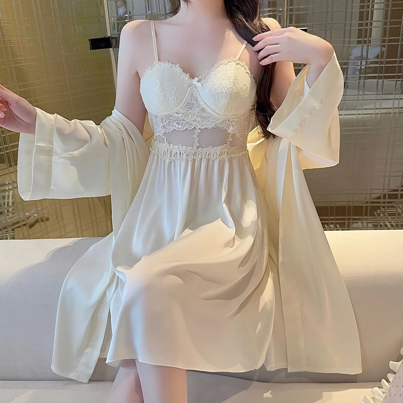 Sexy Lace Bathrobe Gown Suit Women Robe Sleepwear Nightgown Two Piece Set Lingerie Kimono Nightdress Summer Satin Home Wear