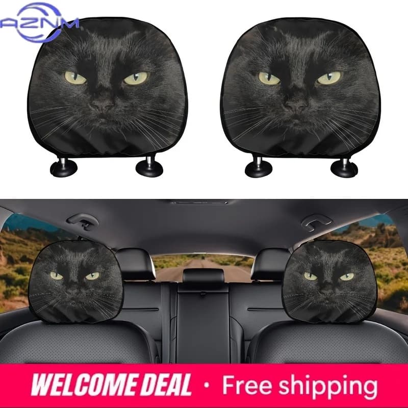 Cool Black cat pattern breathable car seat headrest cover 2pcs, wear-resistant, retractable car accessory seat headrest cover