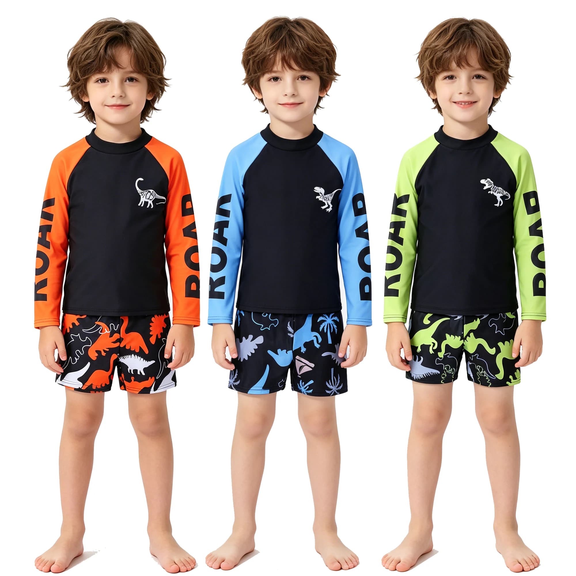 Boy Swimsuit 3 4 5 6 7 8 9 10 11 Years Two Piece Long Sleeve Kids Swim Suits UPF50+ Dinosaur Cartoon Children Beachwear Bath Set