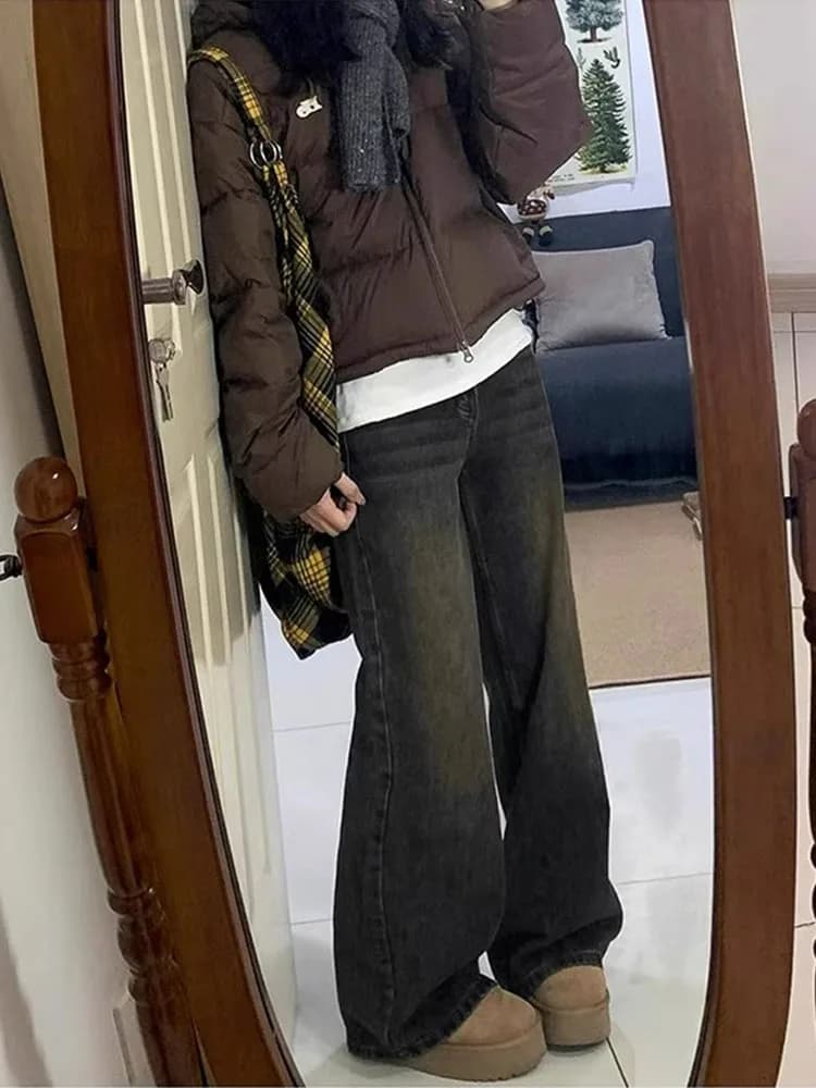 plus Size Cement Grey Denim Jeans Women's High Waist Loose Straight Leg Floor-Length Pants Spring Fashion plus Size Clothing