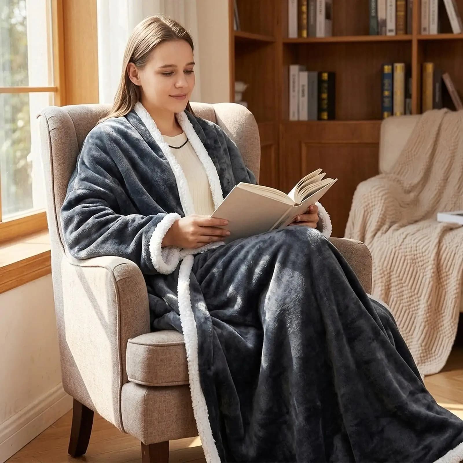 Portable Electric Throw Blanket Wearable with Sleeves Flannel Sherpa Soft Safe AC Powered 8 Heat Settings for Sofa Bed and Work