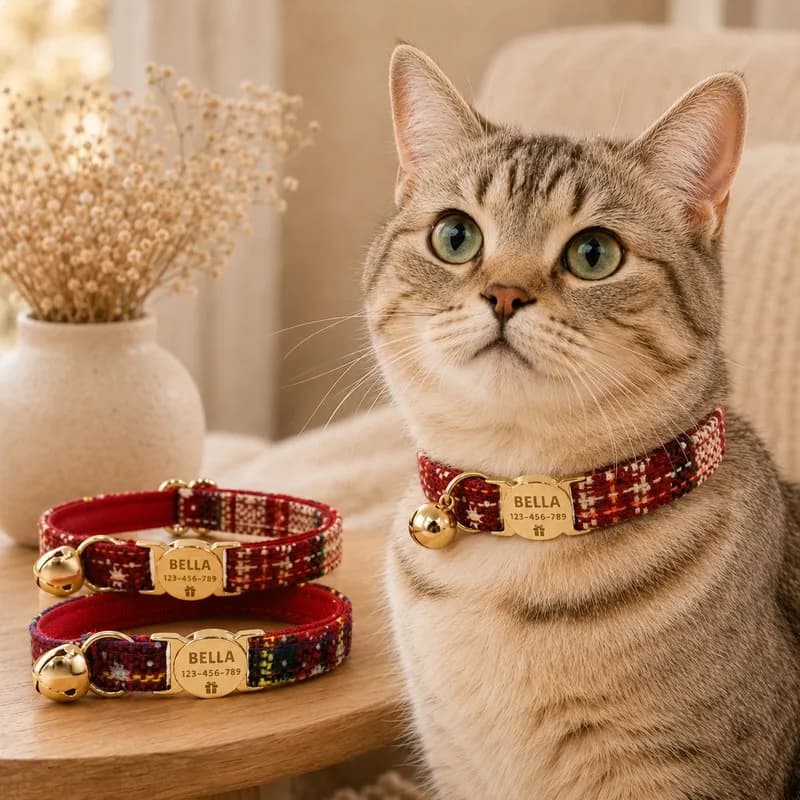 Custom Christmas‑themed pet collar, suitable for both cats and dogs. Supports laser engraving of names and phone numbers