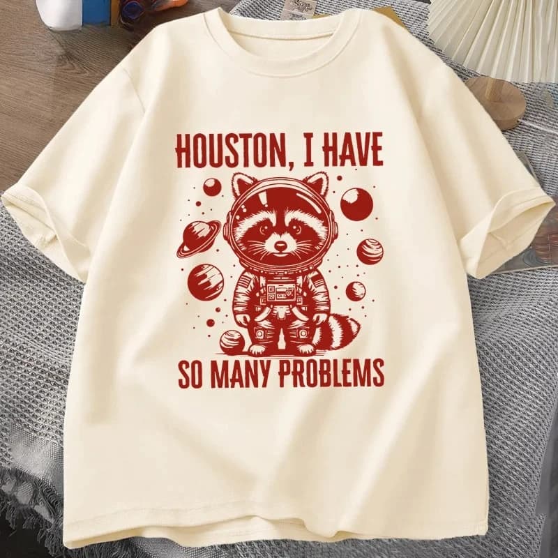Magliette da donna divertenti con procione nello spazio, vintage, con animali e spazio, casual estive, con la scritta 'Houston I Have So Many Problems'