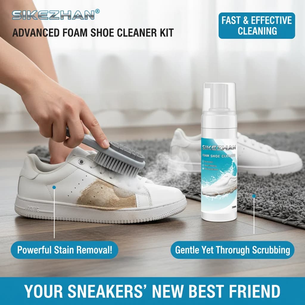 Detergente schiumogeno per scarpe + spazzola a doppia faccia, detergente per macchie senza risciacquo per sneaker, detergente per intersuole/sole esterna, deodorante, utilizzo rapido